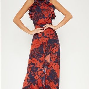 PLT Navy Floral Print Frill Detail Wrap Maxi Dress